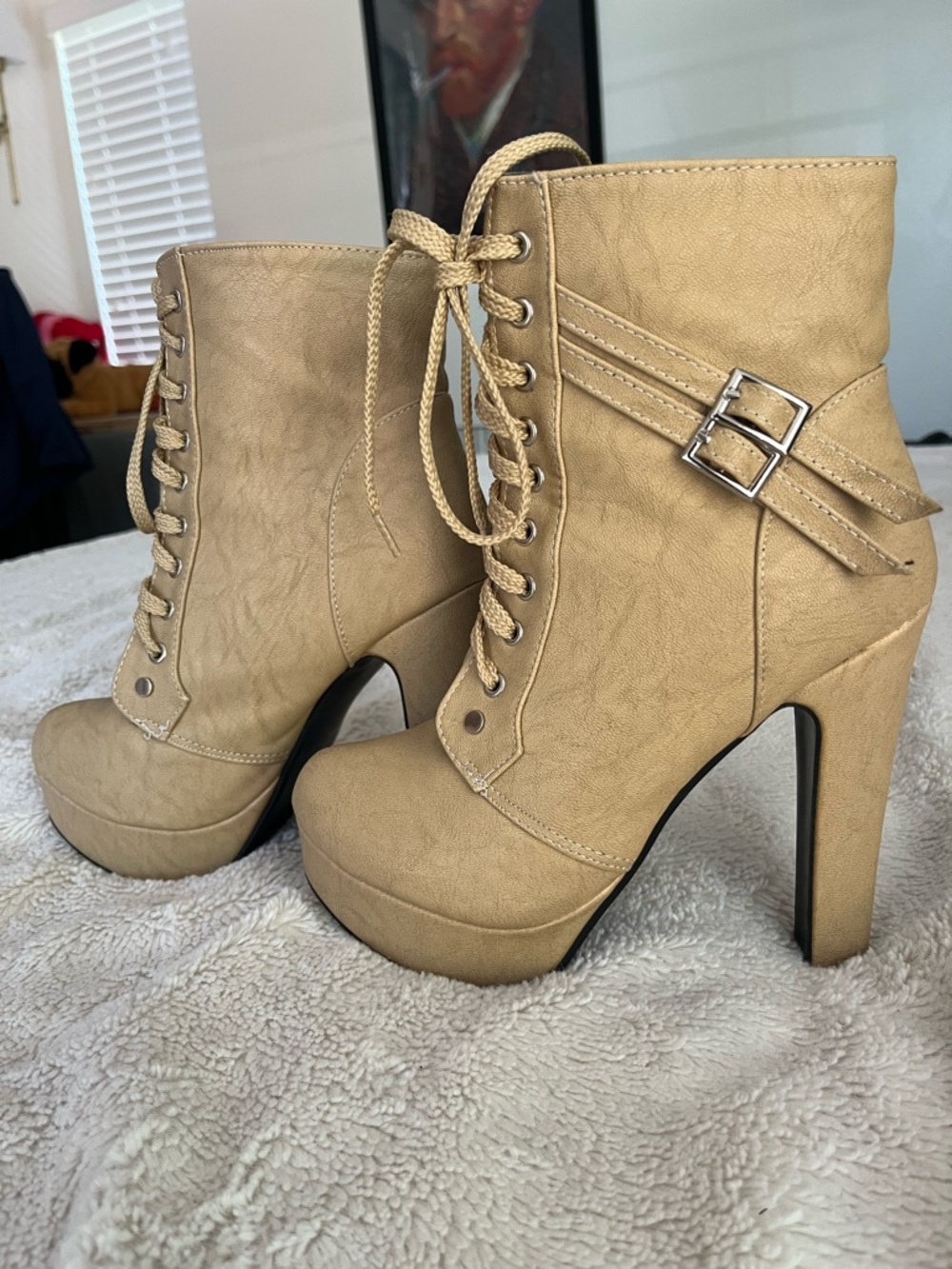 Tan Lace-Up Heels
